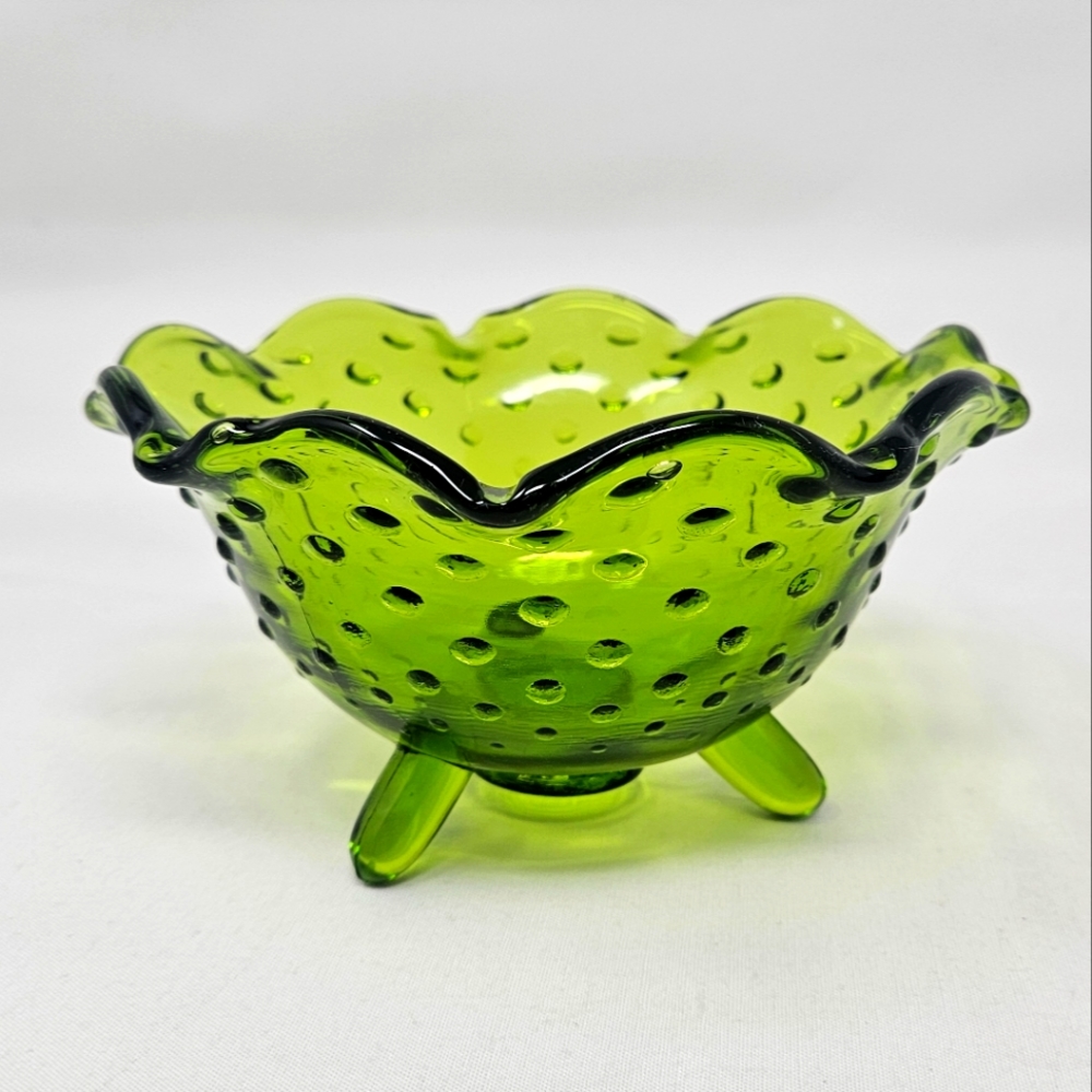 VIKING GLASS green ruffle hobnail dish vintage